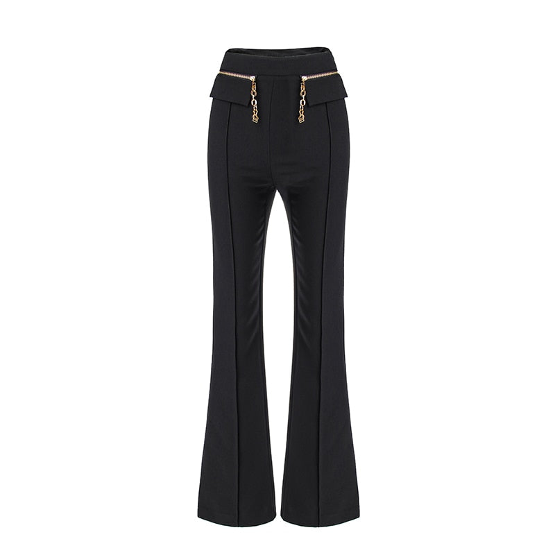 High Waist Wide Leg Chain Zipper Pants-Black