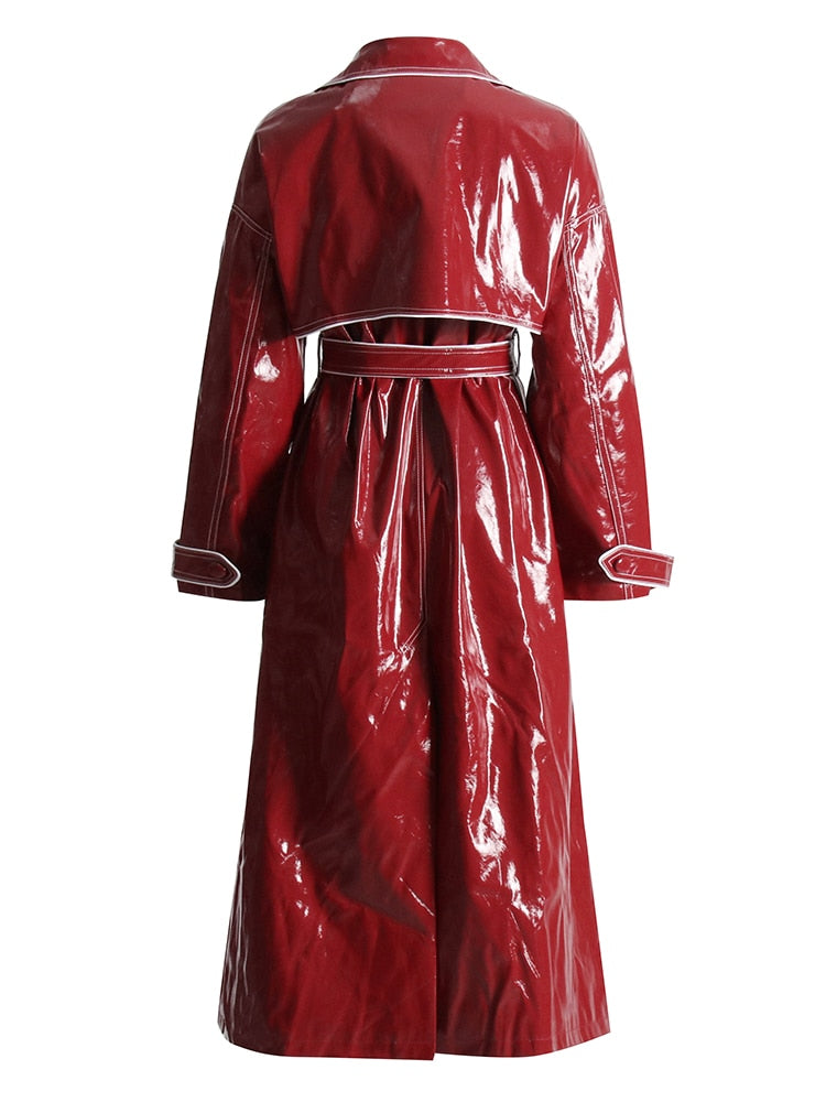 Faux Leather Belted PU Trench Coat-Black/Red