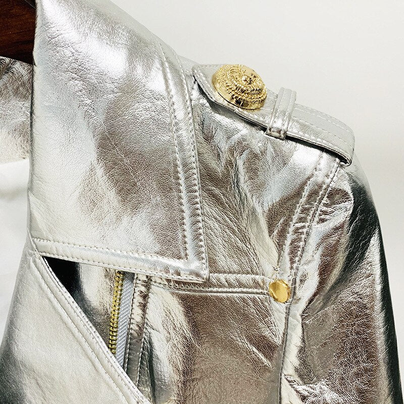 Cropped Faux Leather PU Biker Jacket-Metallic Silver
