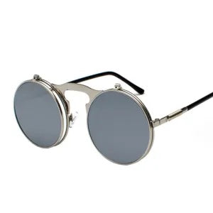 Vintage Steampunk Flip Retro Round Metal Unisex Sunglasses UV400-Silver