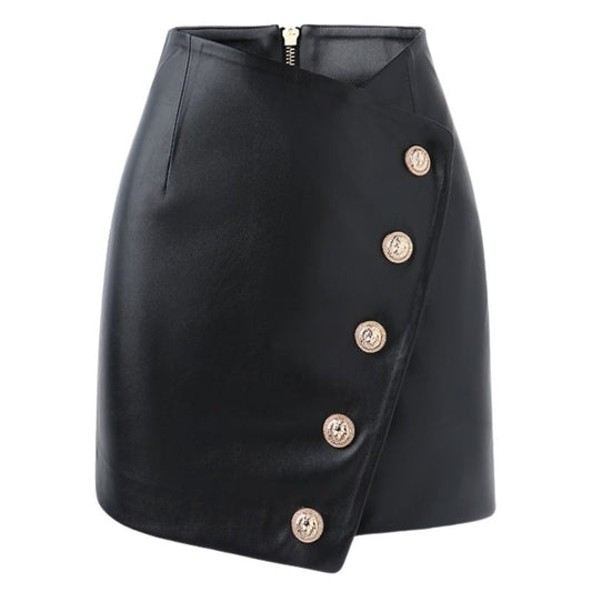 Faux Leather Button PU Mini Skirt-Black