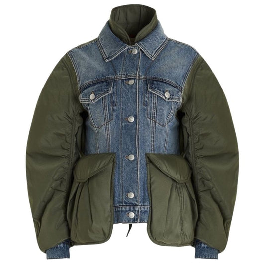 Long Sleeve Color Block Denim Jacket-Green
