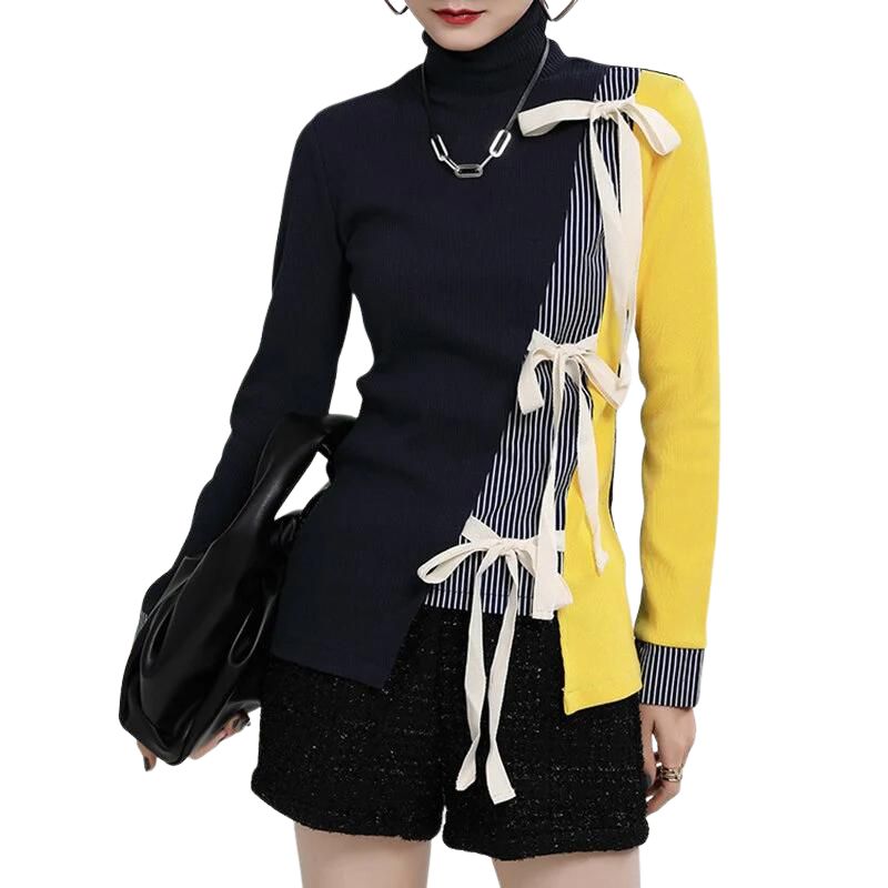 Long Sleeve Turtleneck Lace Up Bowknot Sweater-Multi