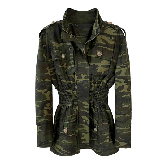 Long Sleeve Gathered Waist Jacket-Camo