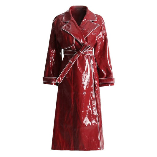 Faux Leather Belted PU Trench Coat-Black/Red
