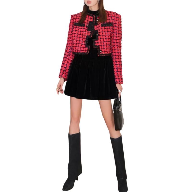 Long Sleeve Plaid Cropped Jacket-Multi
