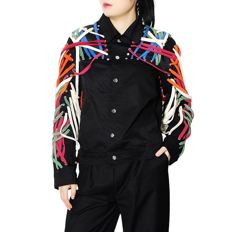 Long Sleeve Cross Bandage Jacket-Red/Beige/Black