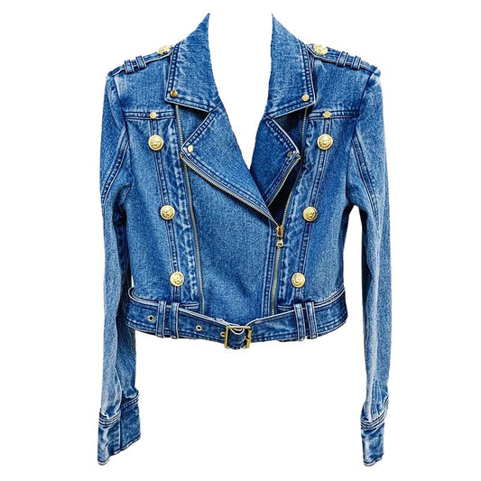 Cropped Denim Biker Jacket- Blue