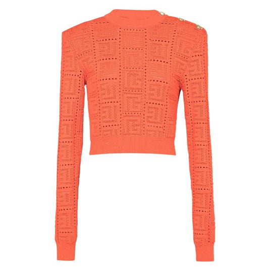 Long Sleeve Hollow Out Cropped Sweater Top-Orange/Black