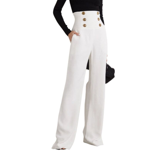 Double Breasted Button High Waist Flare Pants-Black/White