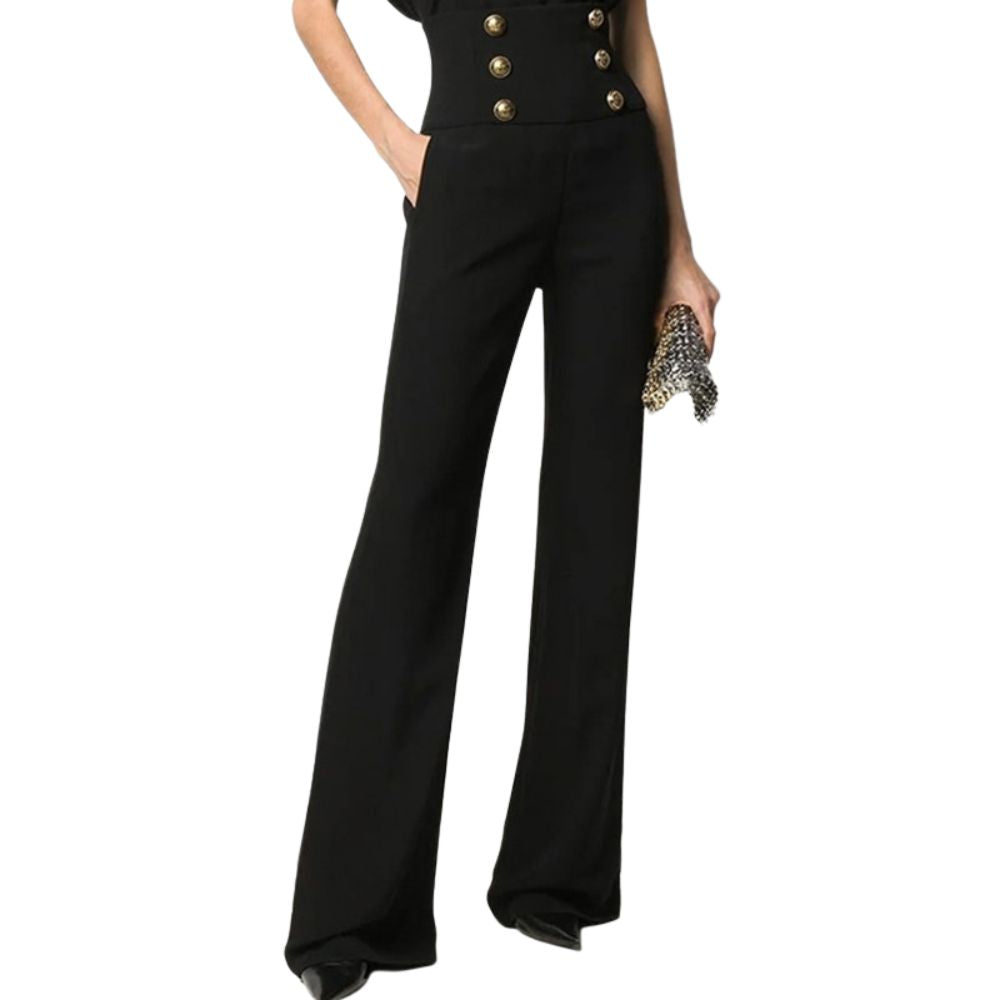 Double Breasted Button High Waist Flare Pants-Black/White
