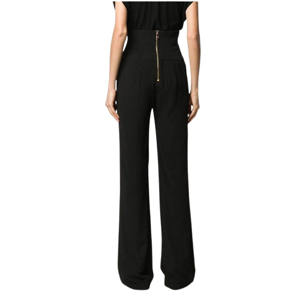 Double Breasted Button High Waist Flare Pants-Black/White