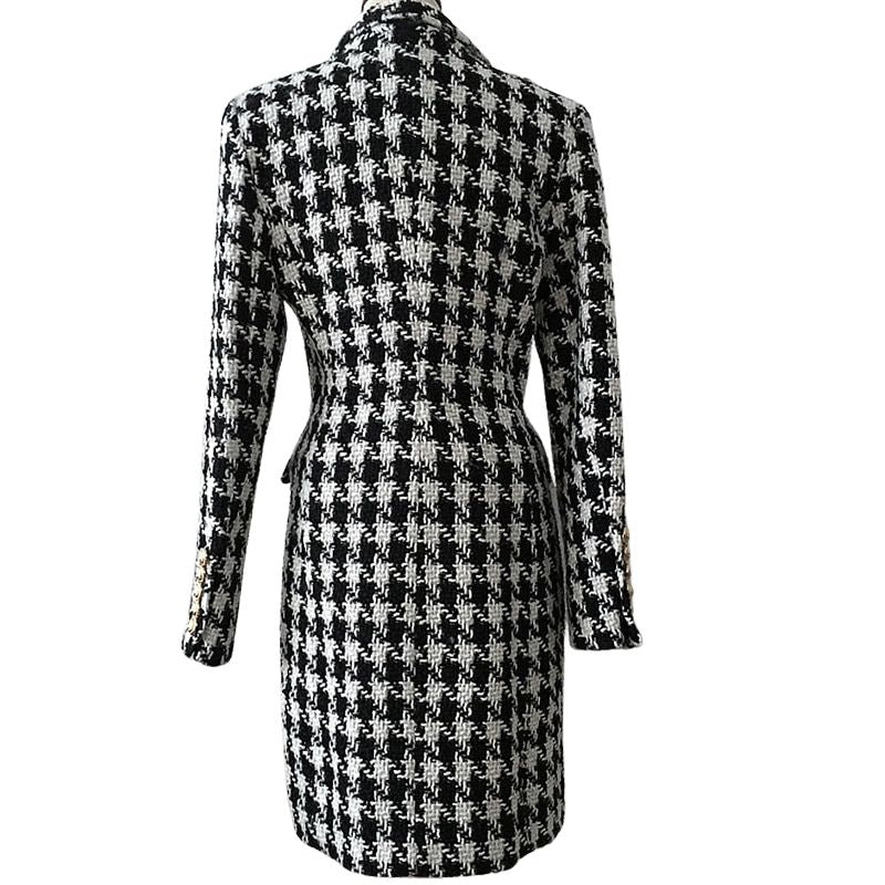 Houndstooth Double Breasted Lion Button Long Coat Jacket-Black/White