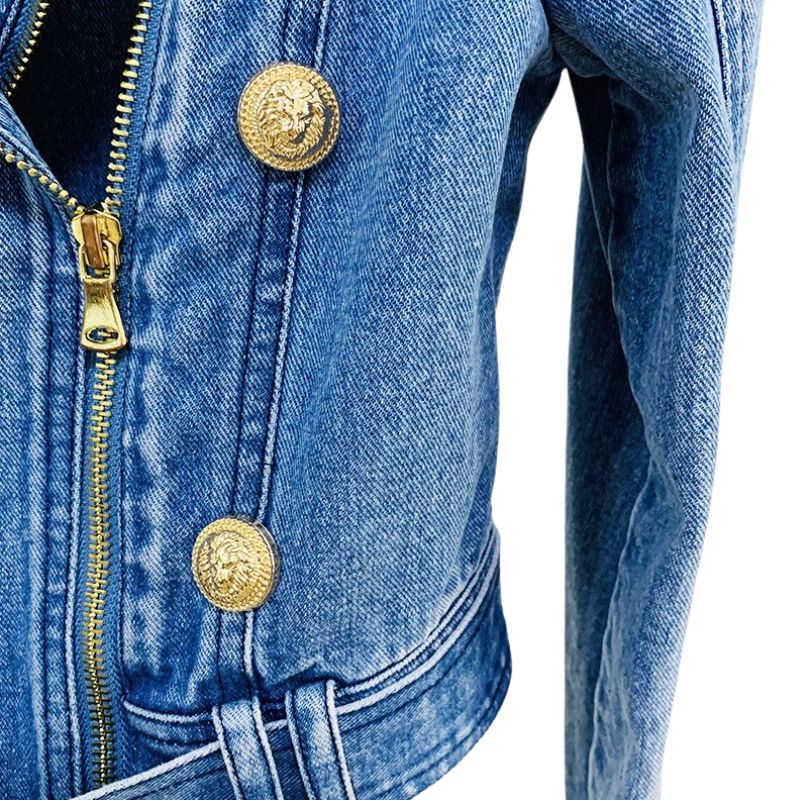 Cropped Denim Biker Jacket- Blue