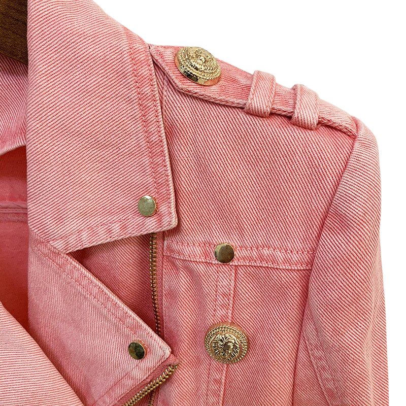 Cropped Denim Biker Jacket-Pink