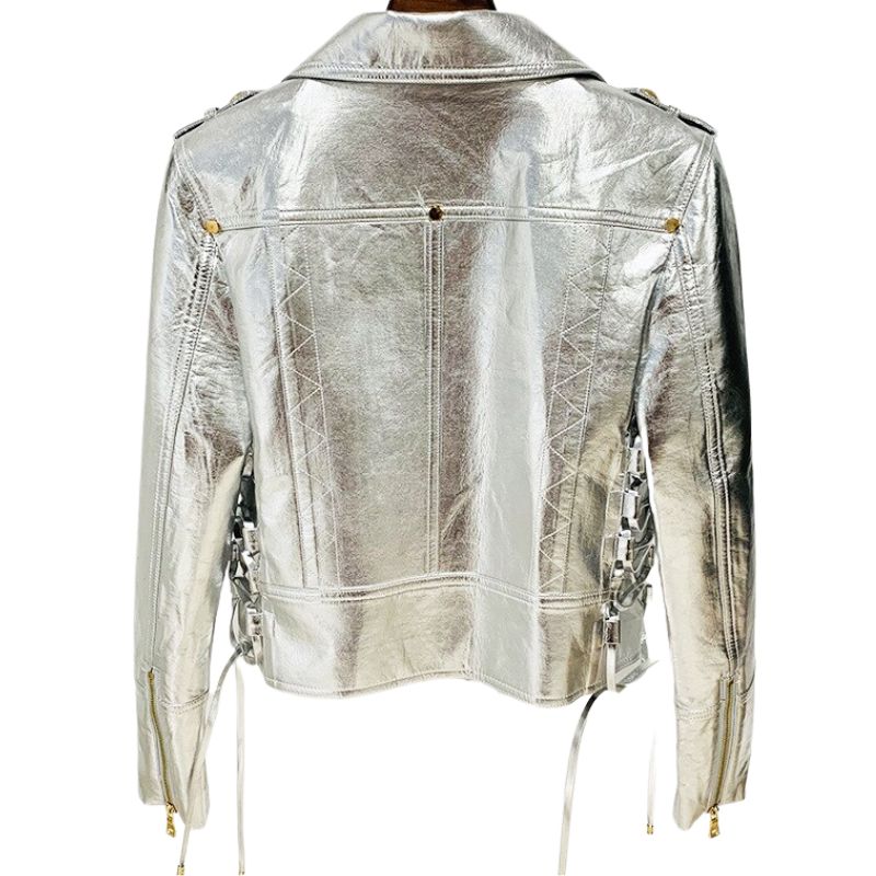 Cropped Faux Leather PU Biker Jacket-Metallic Silver