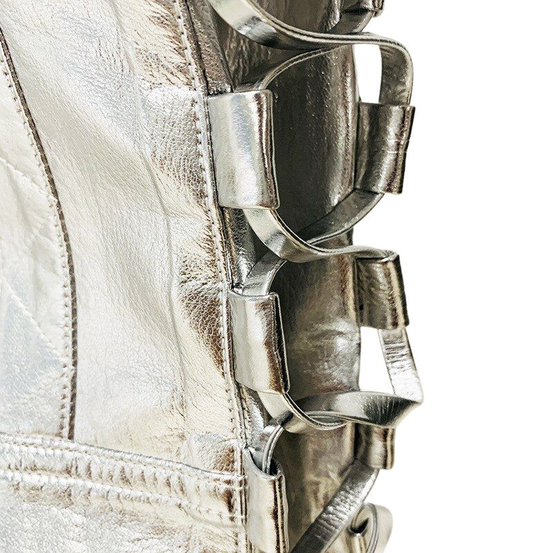 Cropped Faux Leather PU Biker Jacket-Metallic Silver
