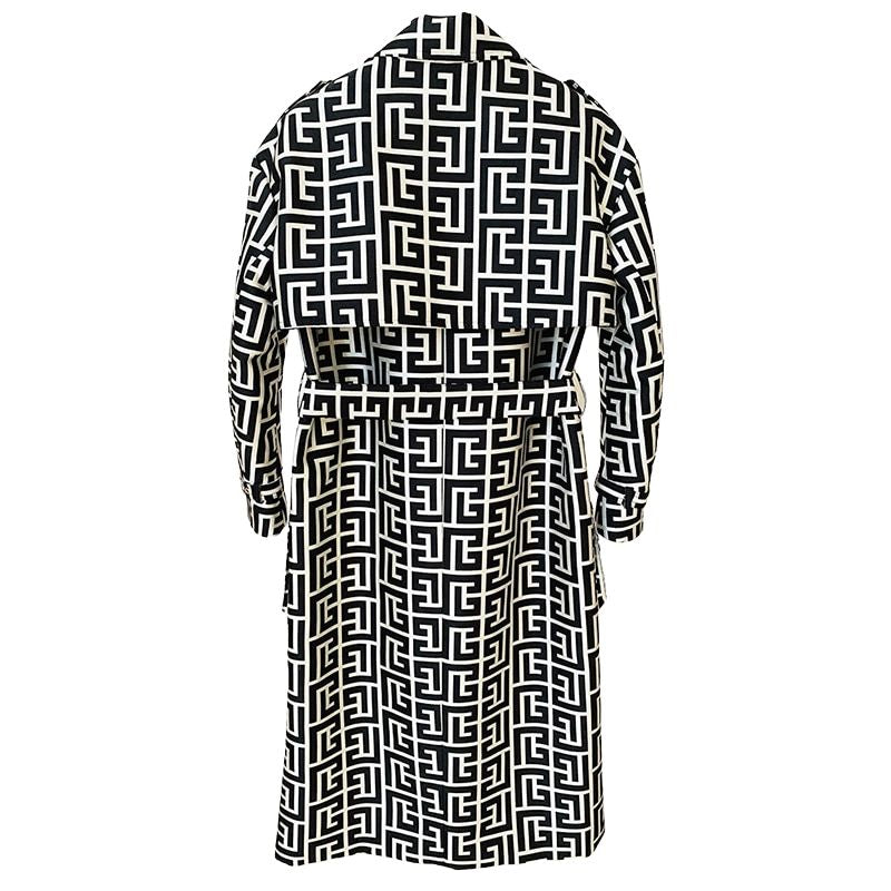 Geometric Lattice Trench Coat-Black/White