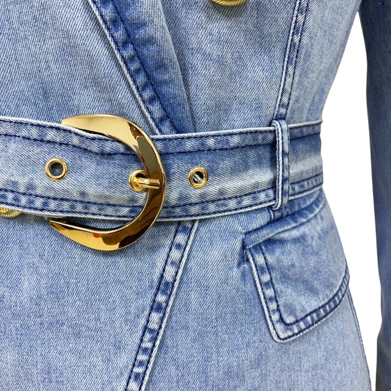 Double Breasted Denim Blazer Jacket-Blue