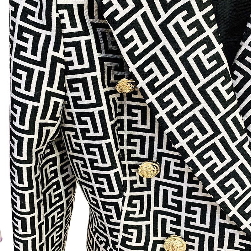 Geometric Lattice Double Breasted Blazer Jacket-Black