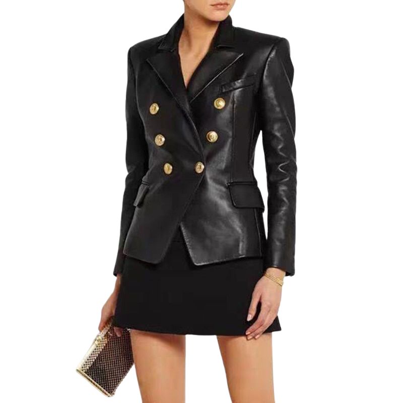 Faux Leather Double Breasted PU Blazer Jacket-Black