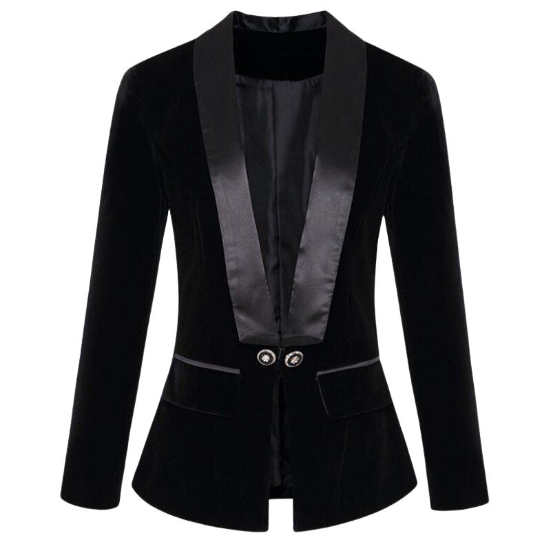 Velvet Single Button Blazer Jacket-Dark Blue/Black