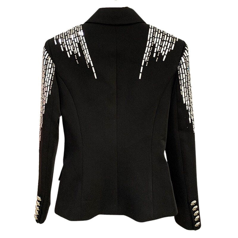 Double Breasted Heavy Beaded Sequin Blazer Jacket-Black