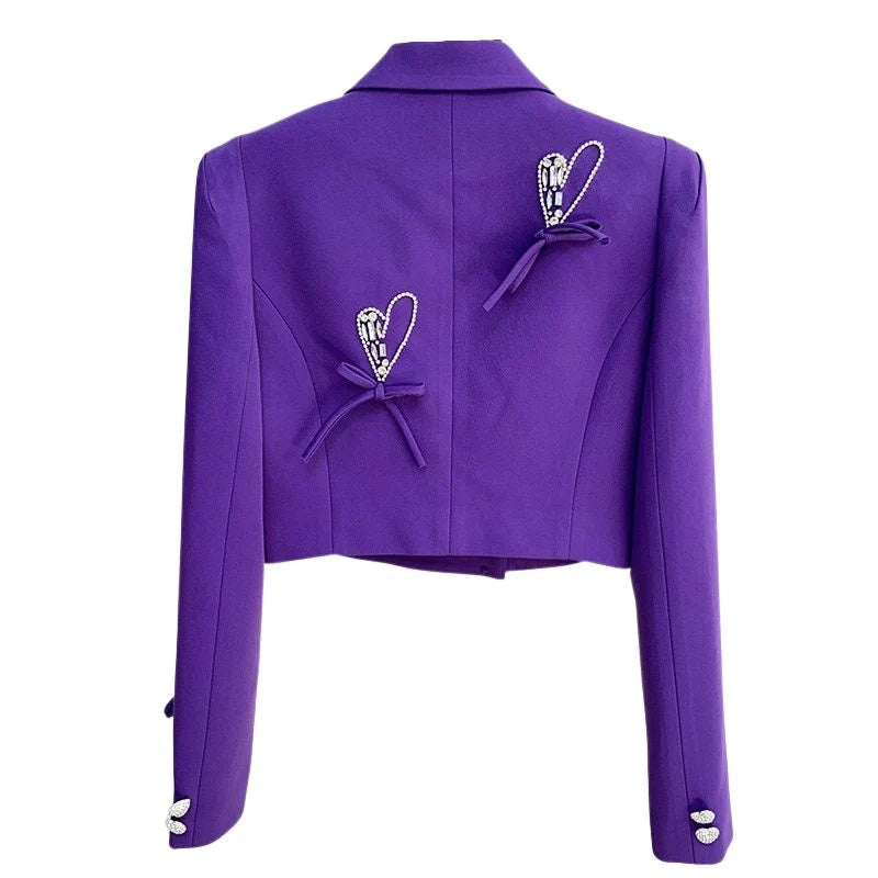 Cropped Blazer Jacket with Heart Buttons-Purple