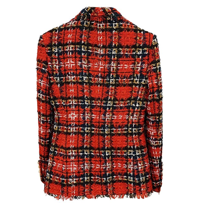 Red Plaid Tweed Tassel Sequin Blazer Jacket