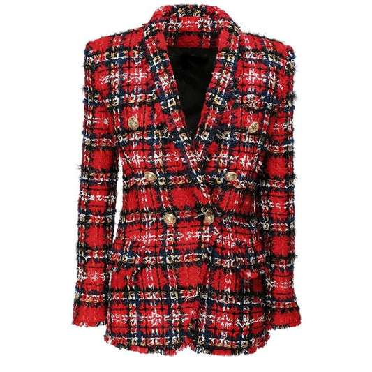 Red Plaid Tweed Tassel Sequin Blazer Jacket
