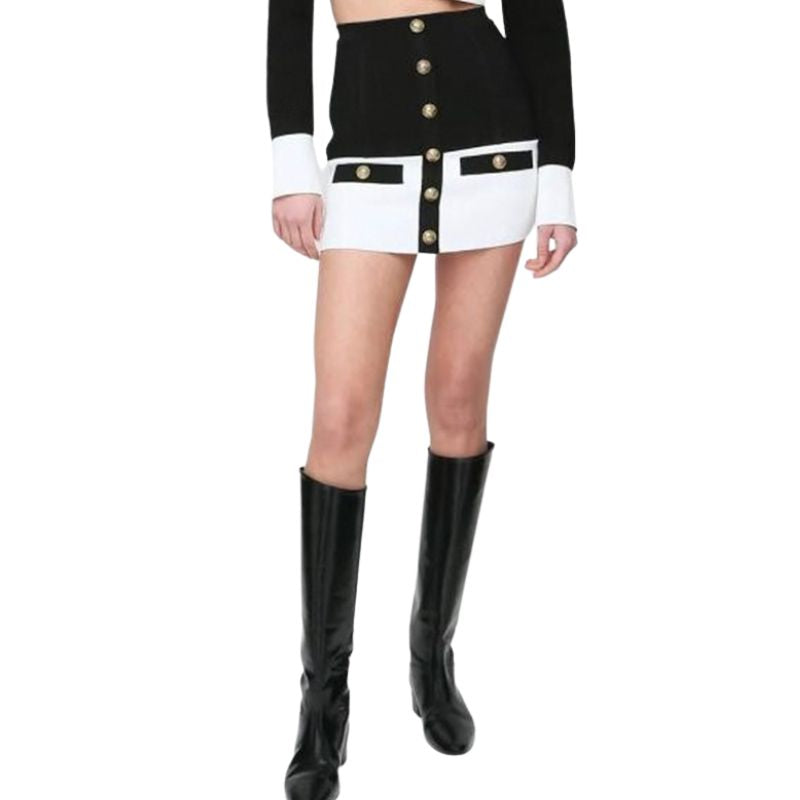 Gold Button Pencil Skirt-Black/White