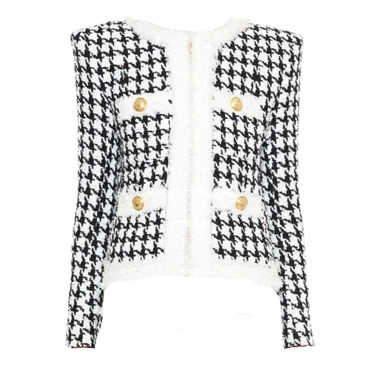 Gold Button Houndstooth Tweed Blazer Jacket-Black/White