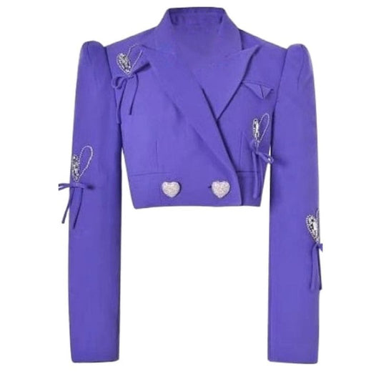 Cropped Blazer Jacket with Heart Buttons-Purple