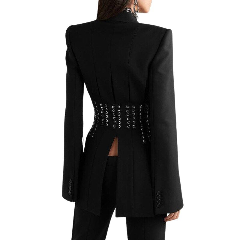 Long Sleeve Metal Hole Tie Rope Tassel Split Blazer Jacket-Black