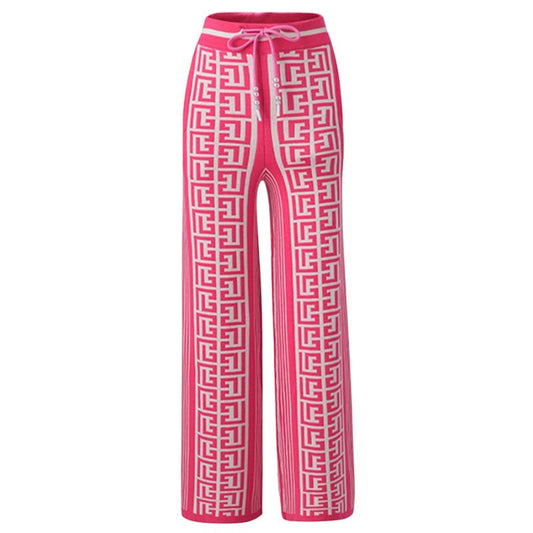 Geometric Jacquard Knitted Wide Leg Pants-Rose Red