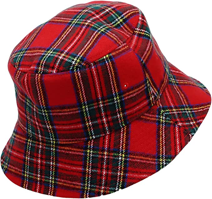 With Moons Plaid Tartan Bucket Hat-Red