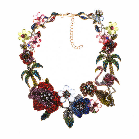 Crystal Rhinestone Flamingo Flowers Bib Necklace
