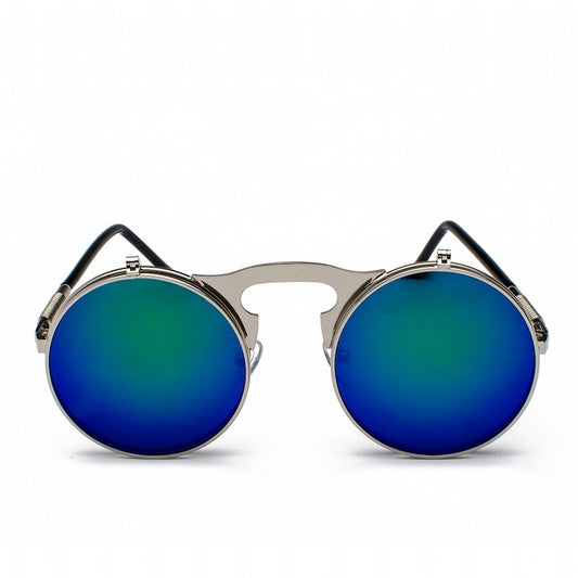 Vintage Steampunk Flip Retro Round Metal Unisex Sunglasses UV400-Silver/Green