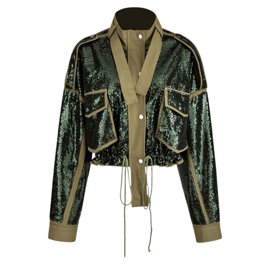 Long Sleeve Turtleneck Sequin Jacket-Army Green