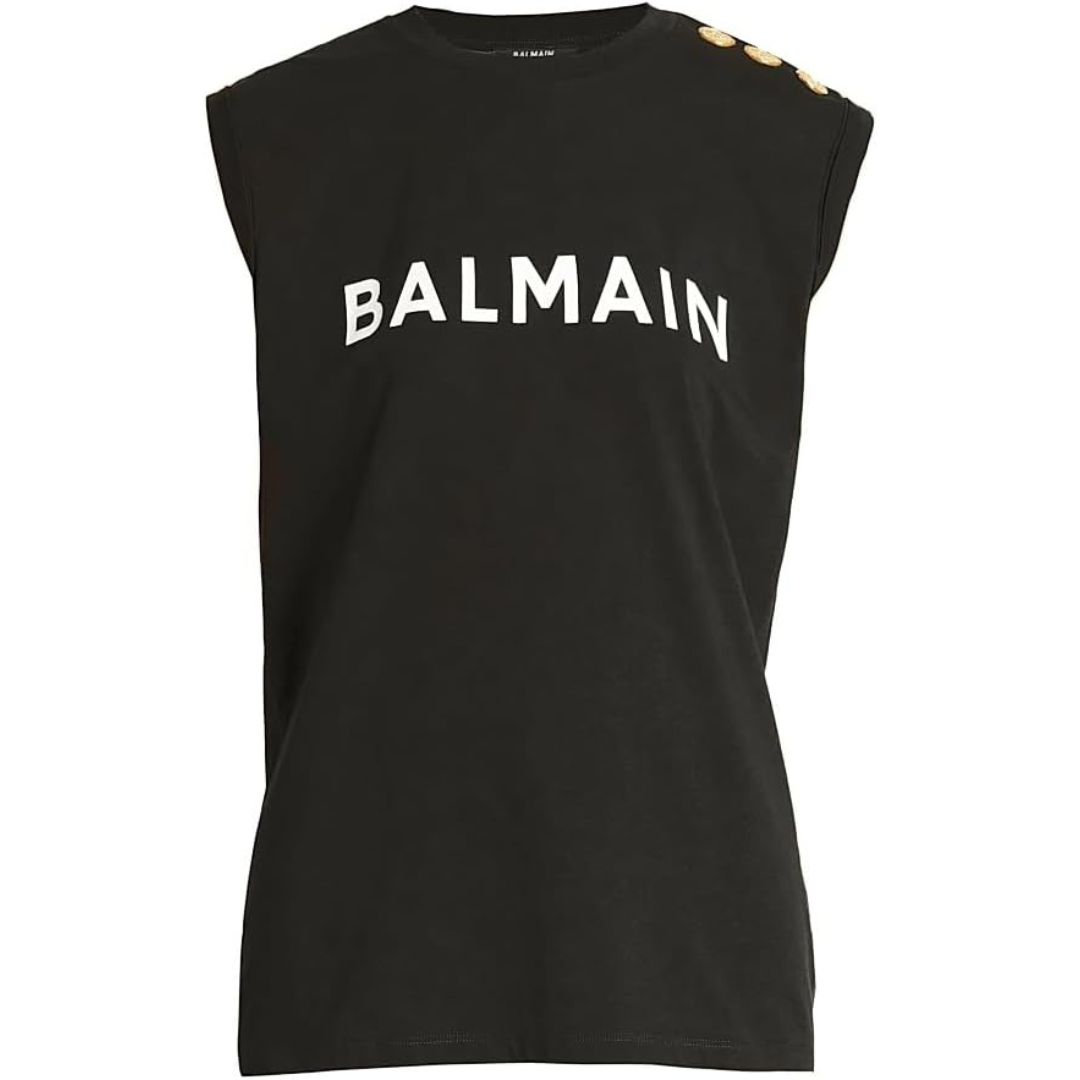 Balmain Logo Button-Shoulder Muscle T-Shirt-Black White