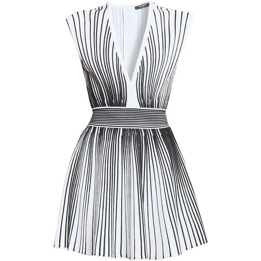 Balmain Rib-Knit Striped A-Line Minidress