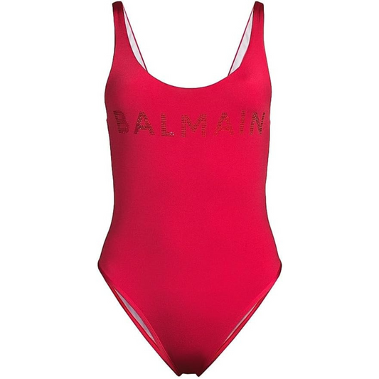 Balmain Strass Tone-on-Tone Logo One-Piece Swimsuit-Red