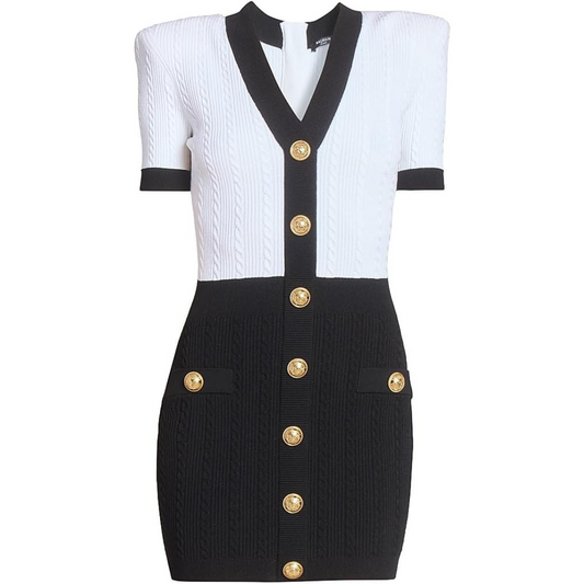 Balmain Two-Tone Torsade-Knit Short-Sleeve Minidress