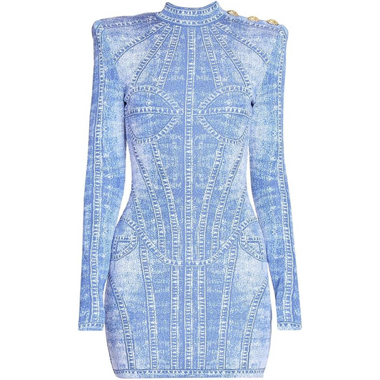 Balmain, Denim Trompe L'oeil Long-Sleeve Body-Con Minidress