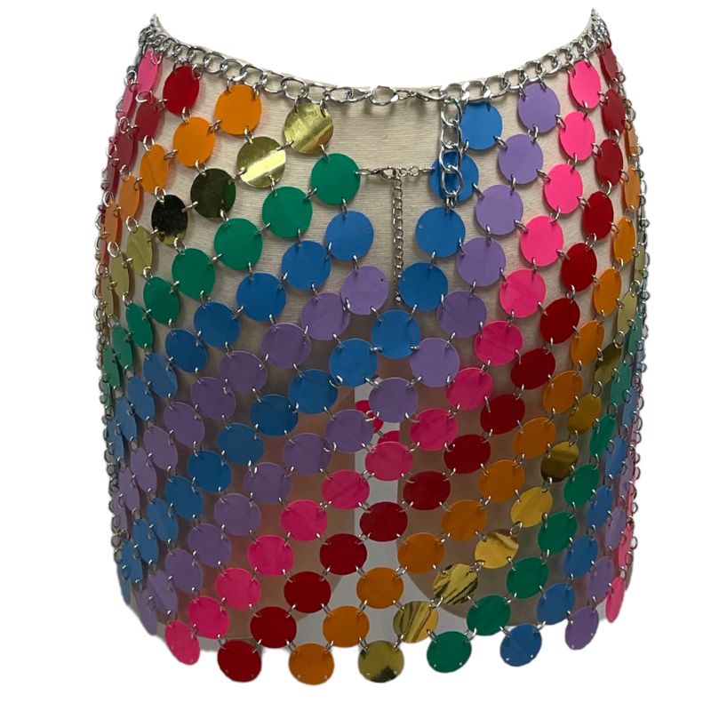 Rhinestone Mesh + Victoria Secret Faux Leather Bustier Set + Lace Overlay Skirt + Colorful Sequin Metal Chain Hollow Out Mini Skirt-Outfit