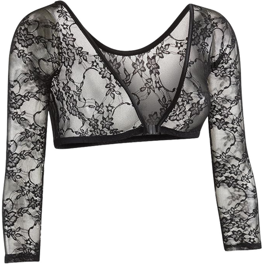 3/4 Length Sleeve Floral Lace Crop Top-Black
