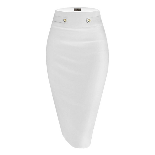 High Waist Nylon Ponte Stretch Below Knee Pencil Skirt-White