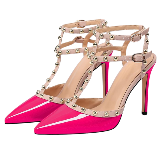MIRAAZZURRA Rivet Studded High Heels Stiletto T-Strap Pointed Toe-Rose Red Style B