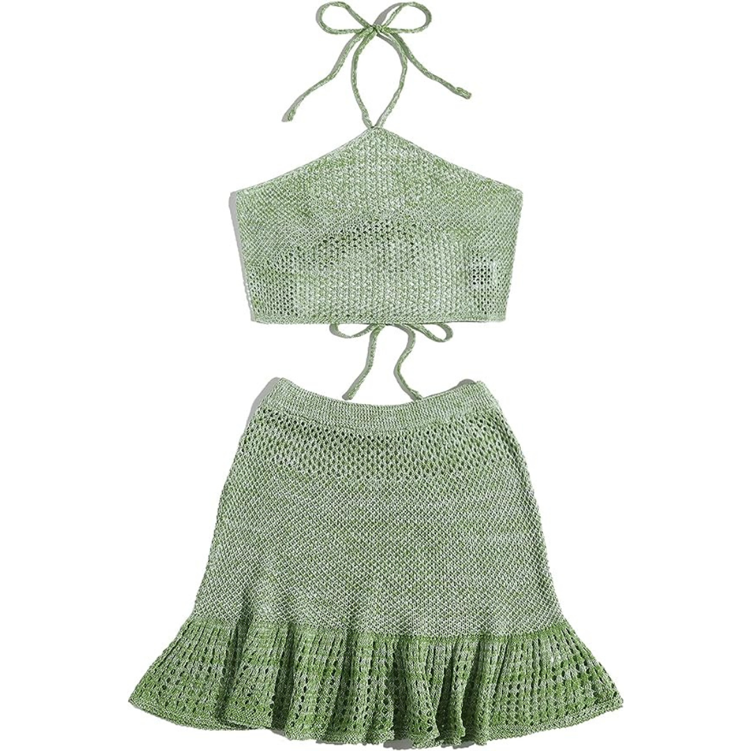 SOLY HUX Halter Top and Ruffle Hem Skirt Set-Green