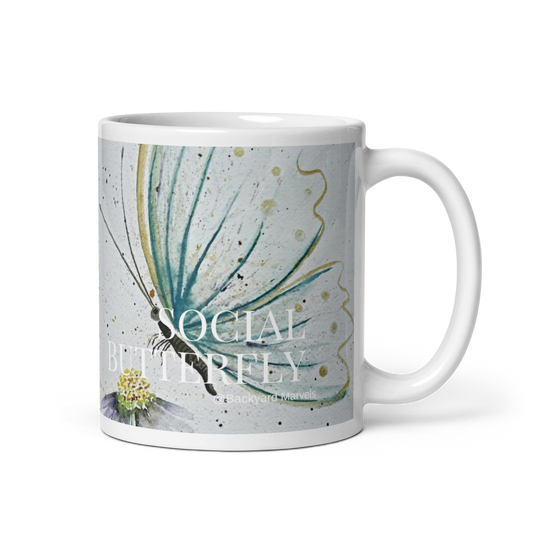 Social Butterfly @Backyard Marvels Watercolor White Glossy Mug